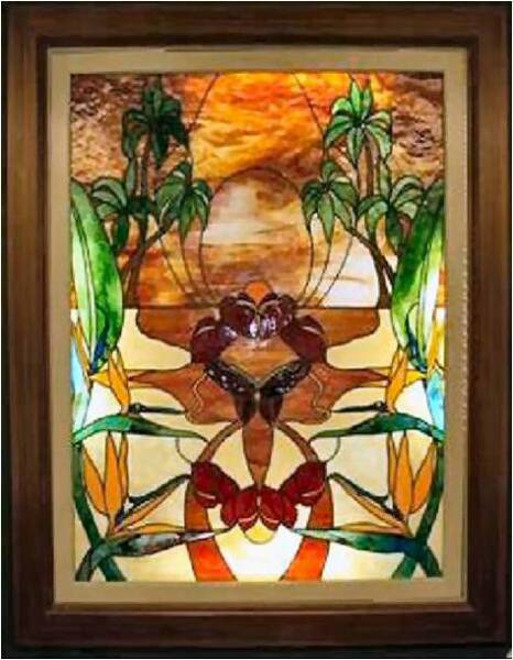 SISTER OF THE WEST, by 2008, by Calley O'Neill, Artist/Designer and Lamar Yoakum, Master Stained Glass Artisan, Big Island, Hawaii.  This window is one of a pair gracing an orthodontic office in Hershey, Pennsylvania.  