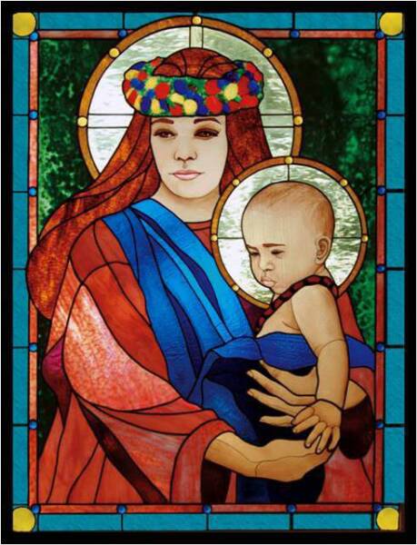 THE MADONNA AND CHILD, 2003, by Calley O'Neill, Designer/Artist and Lamar Yoakum, Master Stained Glass Artisan, Big Island, Hawaii.  Window at The Annunciation Church, Waimea, Big Island, Hawaii.