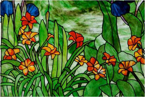 WAIMEA HILLS, 2009, by Calley O'Neill, Artist/Designer, and Lamar Yoakum, Master Stained Glass Artisan, Waimea, Big Island, Hawaii.  These pieces are details of an old fashioned Waimea garden tryptic, consisting of three cathedral windows in a Waimea home.