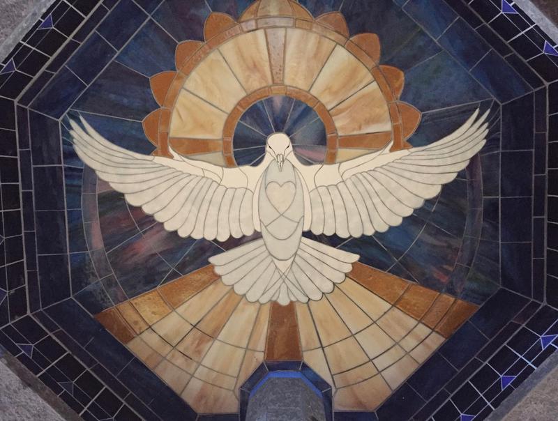 HOLY SPIRIT BAPTISMAL FONT, ANNUNCIATION CHURCH 2018  Calley’s very first underwater stained glass mosaic depicts the Holy Spirit, in the front entrance of the beautiful Annunciation Church in Calley’s hometown of Waimea on the Big Island.  This was an inspired piece coming from meditation, wherein Calley hand placed each of the pattern pieces on the glass.  Calley designed the raised fired gold, which together with the opal heart emphasizes the holy emanations of light of Faith.  When the Holy Spirit drawing was perfect, a crystal sourced rainbow cast its colors upon the drawing in Calley’s studio.  Divine Guidance.  This pool was only the second piece in Calley’s career in which she would not change a thing.