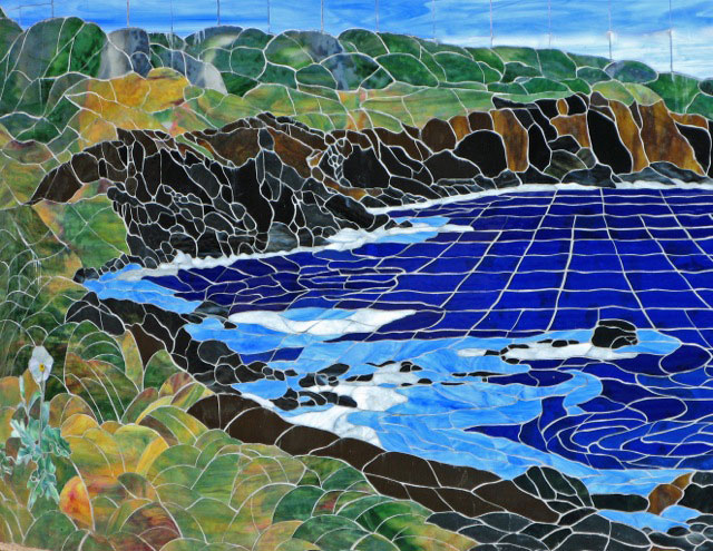 PUA KALA AT PUAKEA BAY,  2005, by Calley O'Neill, Artist/Designer and Lamar Yoakum, Master Stained Glass Artisan.  These details are part of a poolside mosaic gracing a Puakea Bay home on the Big Island of Hawaii.  For more information about this mosaic, click this photo.