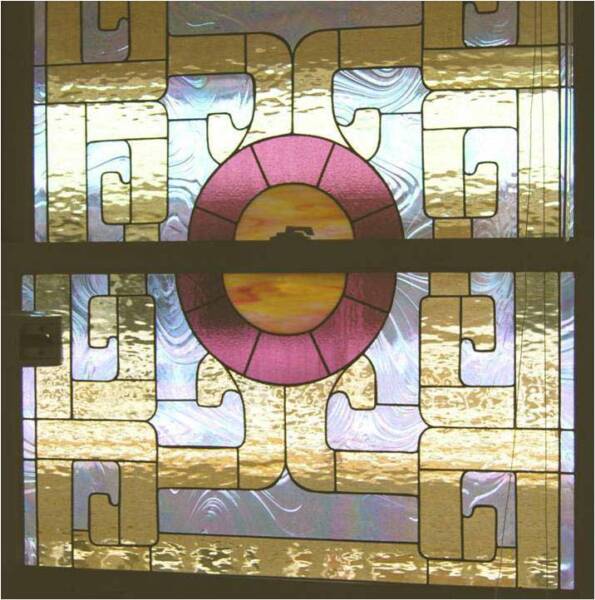 PEACE MANDALA, by Calley O'Neill, Artist/Designer, and Lamar Yoakum, Master Stained Glass Artisan, Waimea, Hawaii.  This window blocks public view into a dental operatory at the offices of  Leesa Miyasoto, DDS in Waimea, Hawaii.